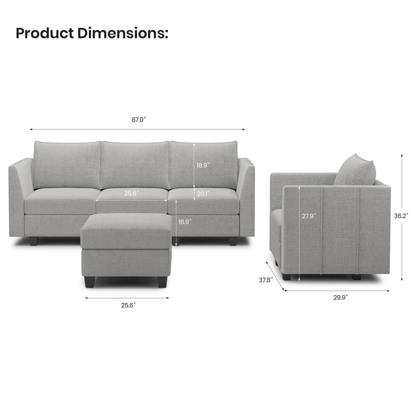 Ensemble de canapé modulaire 3 pièces avec rangement amovible et housse de coussin Aurora Aurora, Gris