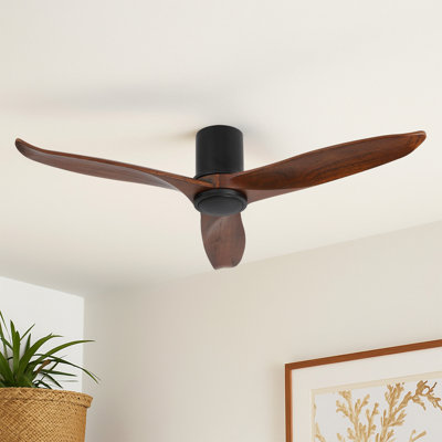 52" Modern Solid Wood Blade Flush Mount Ceiling Fan with Remote Control