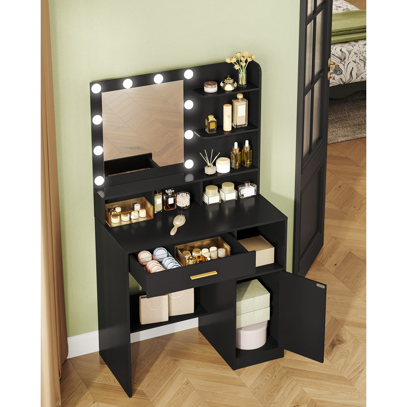 Dressing Table with Mirror and 10 LED Lights, Makeup Vanity with 3 Shelves & 4 Open Compartments, Large Drawer & Cabinet, Adjustable Lighting Brightness