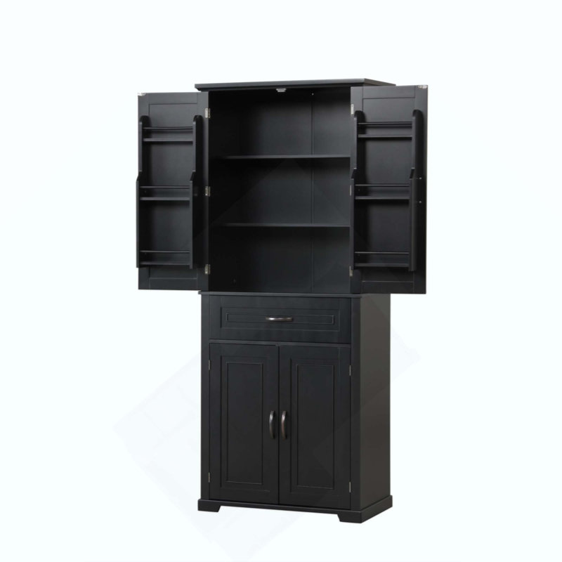 Grande armoire de rangement pour salle de bain avec 4 portes et 1 tiroir, tablette réglable, dispositif anti-basculement, organisateur de rangement en panneau de fibres à densité moyenne