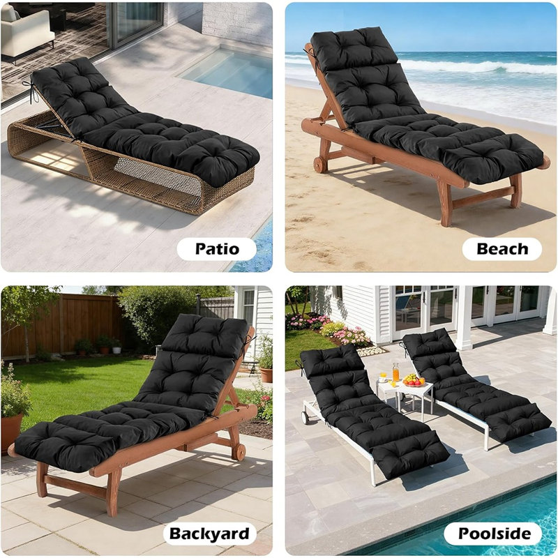 Outdoor Chaise Lounge Cushions, Waterproof Fade-resistant Patio Lounge Chair Cushions With Ties For Pool, Lawn, Beach, Black