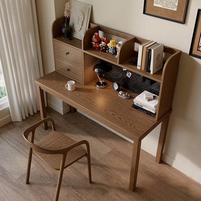 Bureau d'écriture rectangulaire à 2 tiroirs en bois massif brun noisette