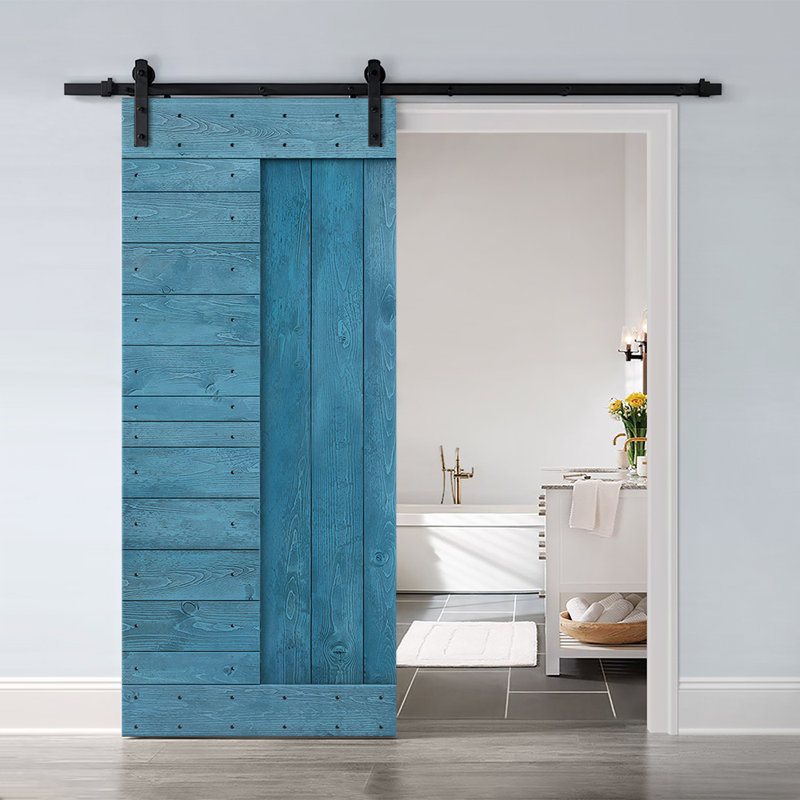 Porte de grange à panneaux et en bois avec quincaillerie d'installation, 38 po x 84 po, Bleu océan