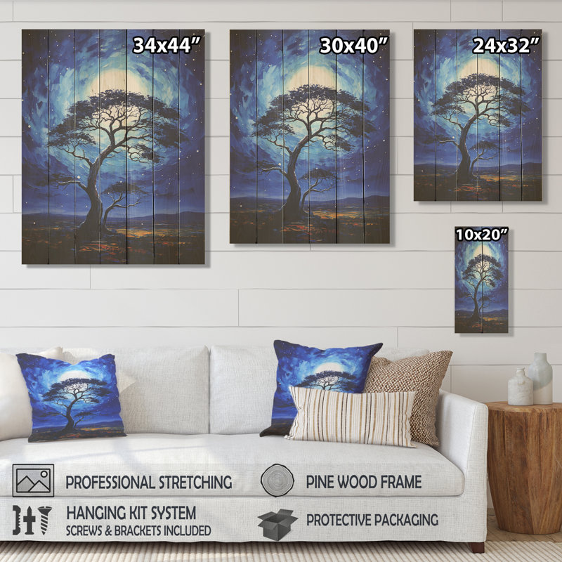 Blue Serengeti Tree IV - Arbre africain sur bois, H 20 po x l 10 po