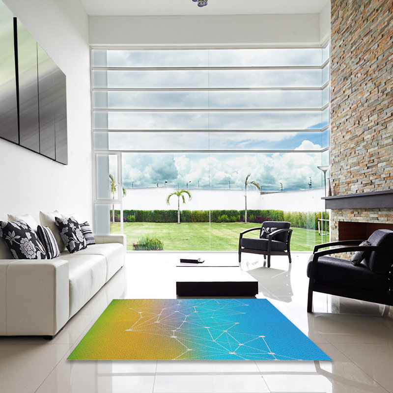 Tapis bleu/vert à motifs, Carré 6 pi