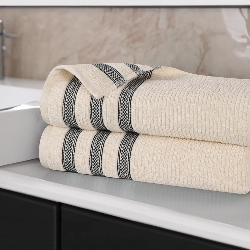 Zero Twist Cotton Ribbed Modern Geometric Border Soft Highly-Absorbent Bath Sheet Set, Ivory