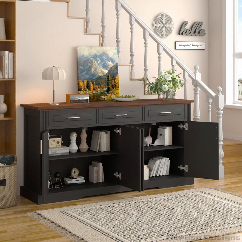 Buffet cannelé de 63 po avec 4 portes, 3 tiroirs et tablettes réglables, Black