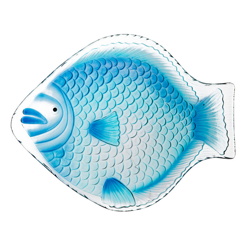 Blue Fish Glass Birdbath, 18in