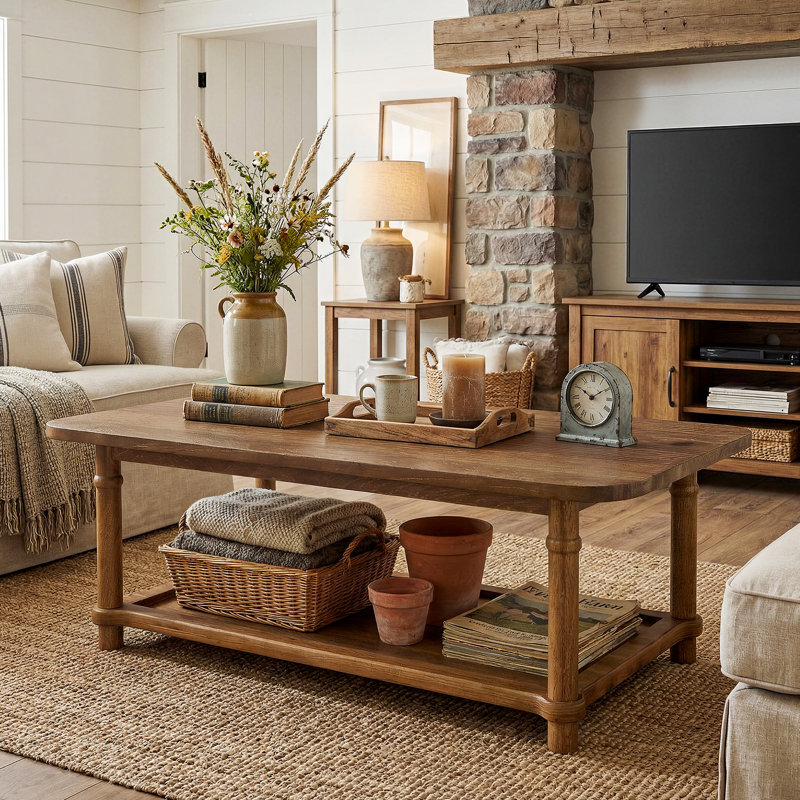 Table basse de 47 po en bois massif, centre de ferme moderne avec rangement à 2 niveaux, Noyer