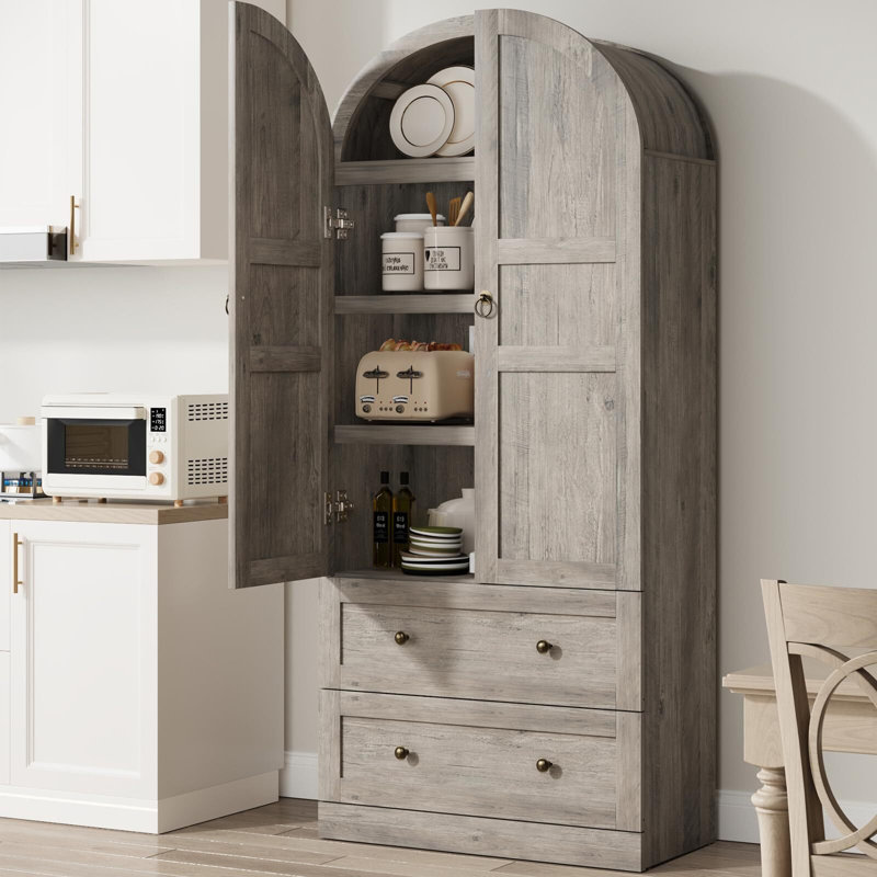 72" Tall Arched Kitchen Pantry Storage Cabinet, Wood Farmhouse Storage Cabinets with Doors, Drawers, Shelves