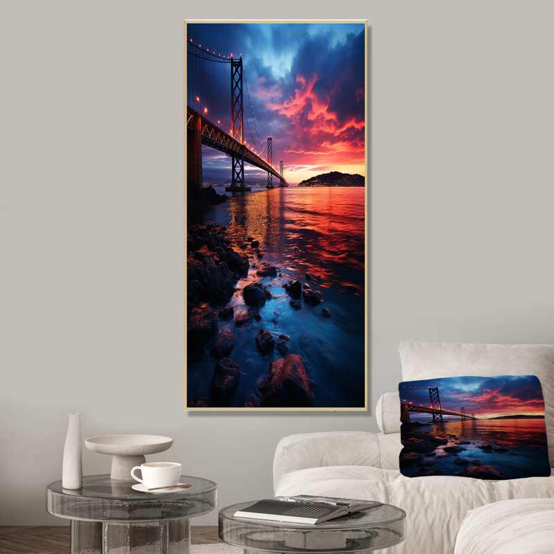 Pont panoramique lever de soleil Iiii - Ponts, art mural, Cadre flottant brun, H 60 po x l 28 po x P 1,5 po