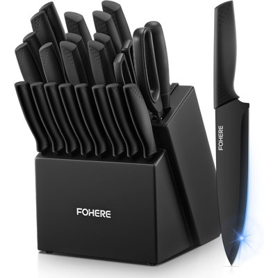 FOHERE 23 Piece Black Knife Set with Built-in Sharpener and Wooden Block Knives Set with Cheese and Pizza Knife