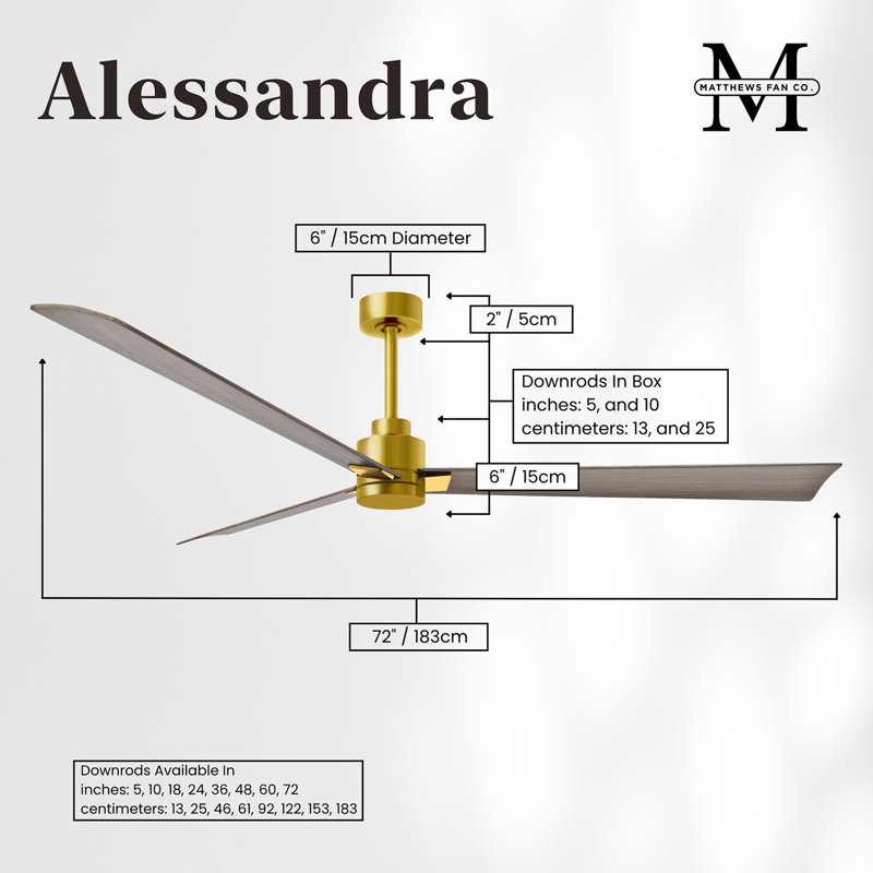 Alessandra Outdoor Downrod Ceiling Fan, Brushed Brass, Gray Ash Tone