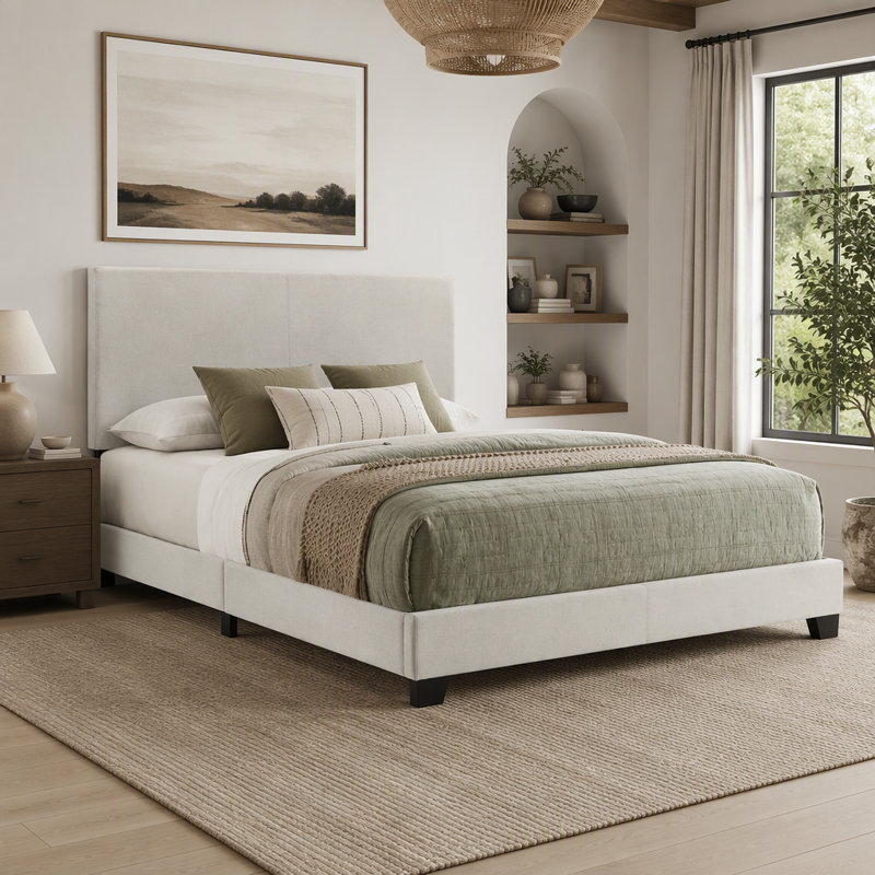 Grand lit tapissier Efram crème avec tête de lit rembourrée et design minimaliste moderne, parfait pour les chambres contemporaines