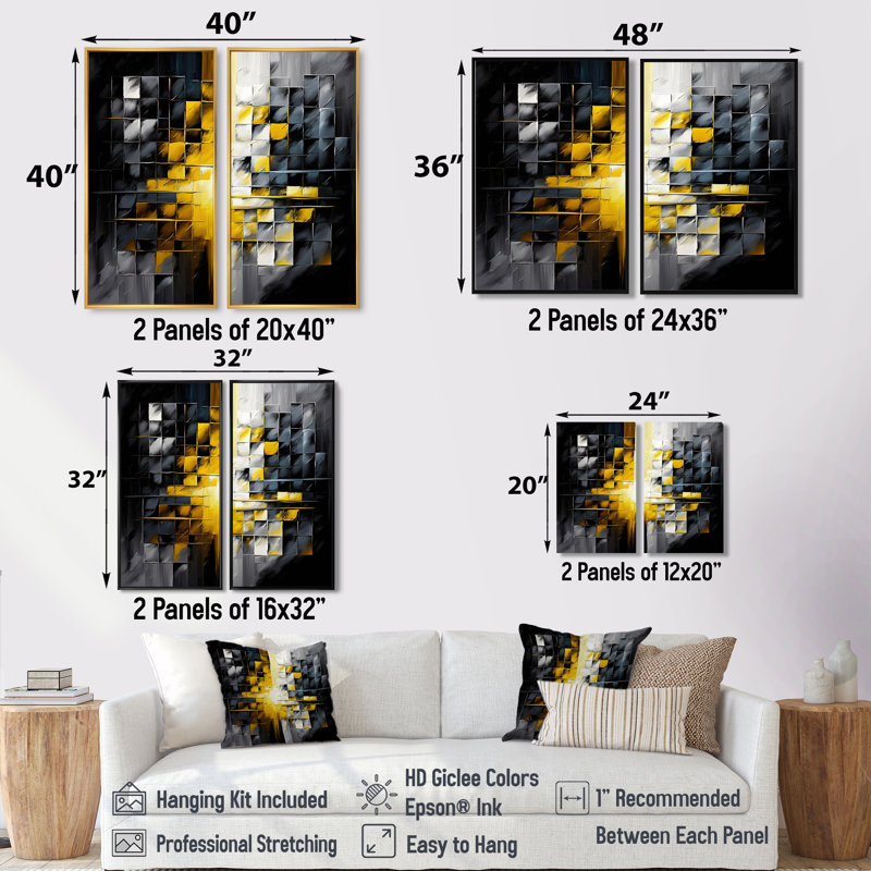 Abstrait géométrique noir et jaune IV - Art mural abstrait géométrique, 36'' H x 48'' W, Impression encadrée flottante, Black