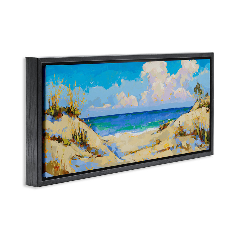 Peinture de plage nuageuse, H 11 po x l 25 po, Cadre flottant noir de jais