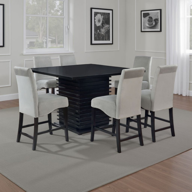 Pedestal Dining Set in Gray and Black, 7 Pieces: Table, 6 Chairs, 37"H x 53.9"L x 53.9"W