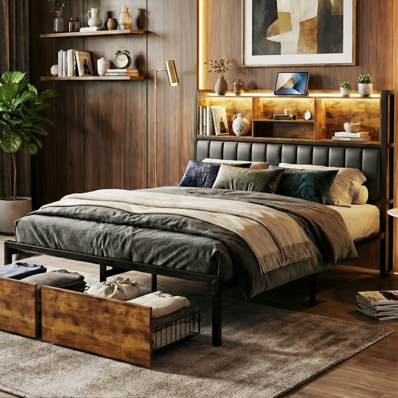 Industrial Metal Upholstered Storage Bed With Bookcase Headboard & Charging Station (USB/Type-C), Rustic Brown & Black PU Frame With LED & 2 Drawers, EU Double & King 140/160X200cm