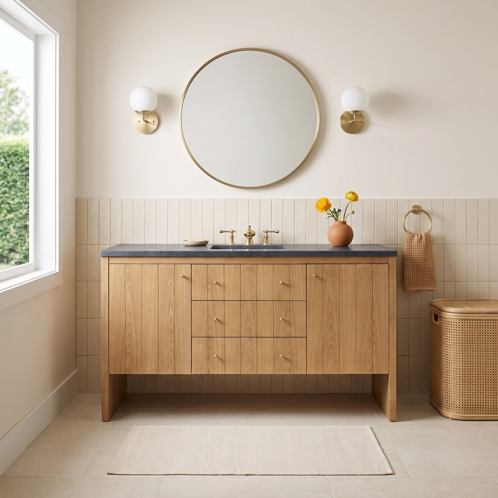 Hudson 60'' Single Bathroom Vanity, Light Natural Oak, Charcoal Soapstone, 8" Widespread