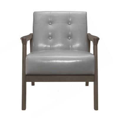 Accent Chair Button Tufted Gray Upholstery Cushion Seat Mid-Century Modern Furniture Solid Rubberwood Frame 1Pc