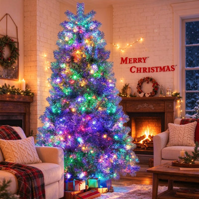 7.4FT Pre-Lit Silver Tinsel Artificial Christmas Tree, Hinged Branches with Metal Stand, 1200 Branch Tips, 400 LED Lights, 11 Lighting Modes, Indoor Outdoor Holiday Xmas Decor Tree