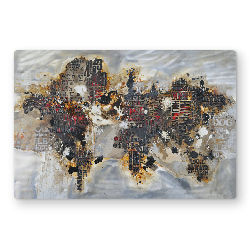 Texturized World Map with Typography - Modern Red Metal Print