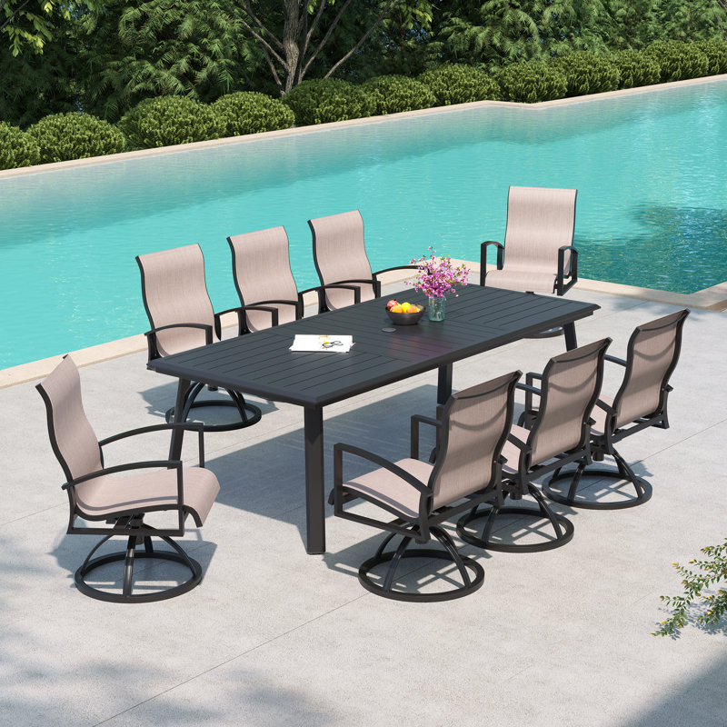 8 - Person Patio Dining Set With Sunbrella Fabric Swivel Armchairs, Brown