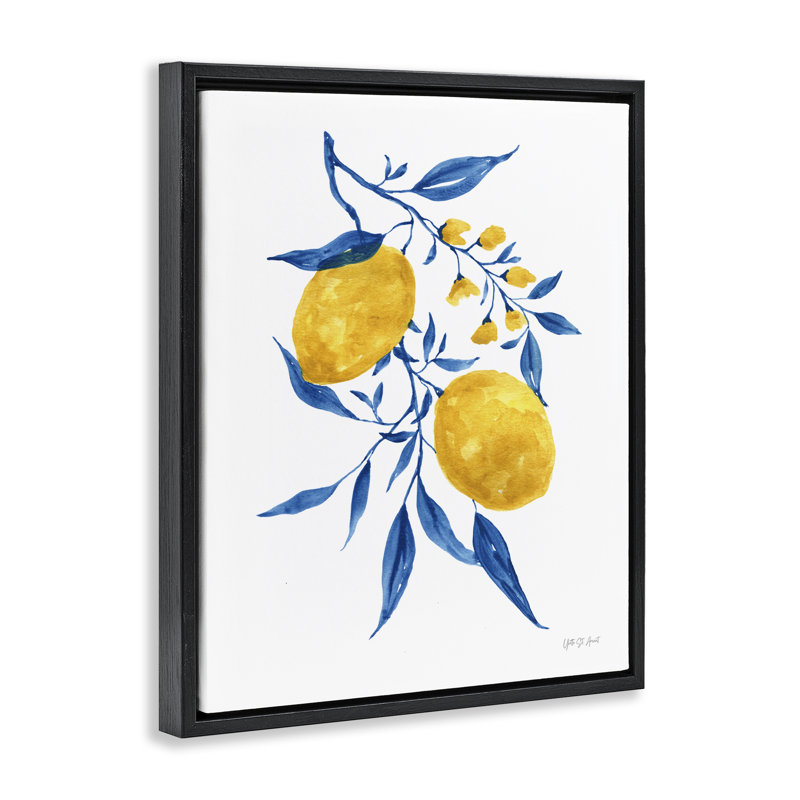 «Lemons with Blue Leaves Floater», art mural sur toile par Yvette St. Amant, Cadre flottant noir de jais, H 31 po x l 25 po