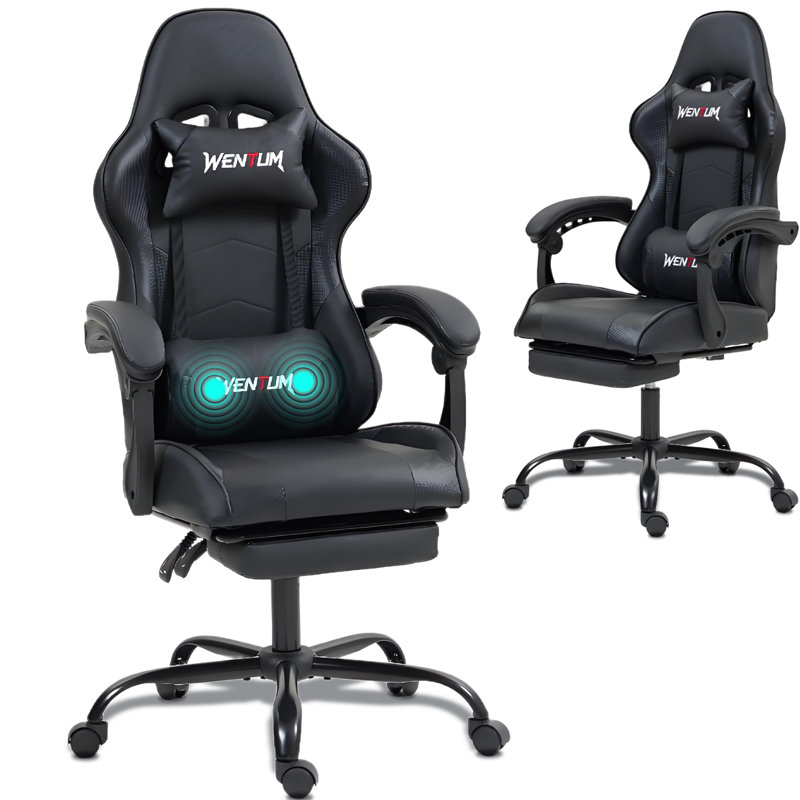 Bosmiller Ergonomic Reclining Gaming Chair with Linkage Armrests & Footrest, High-Back Racing Office Chair, Breathable PU Leather Computer Desk Chair with Lumbar Support, Black