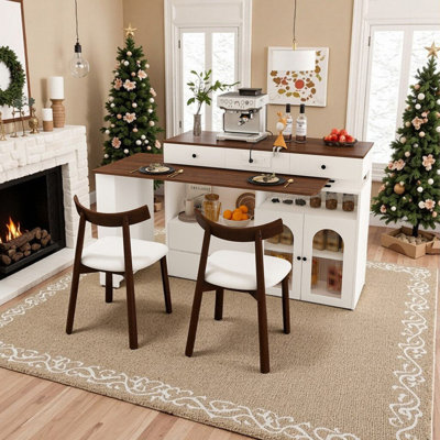 Ensemble d'îlot de cuisine extensible et rotatif avec 2 chaises en bois massif, 4 tiroirs et prises intégrées