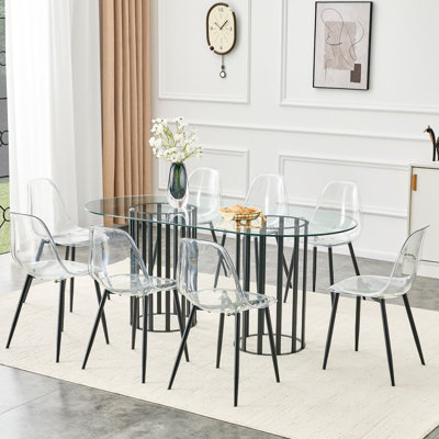 Ensemble de table de salle à manger 71 "en verre trempé 71" pour 8 personnes, ensemble de cuisine moderne 9 pièces Glam avec chaises en acrylique transparent et base à double piédestal noir