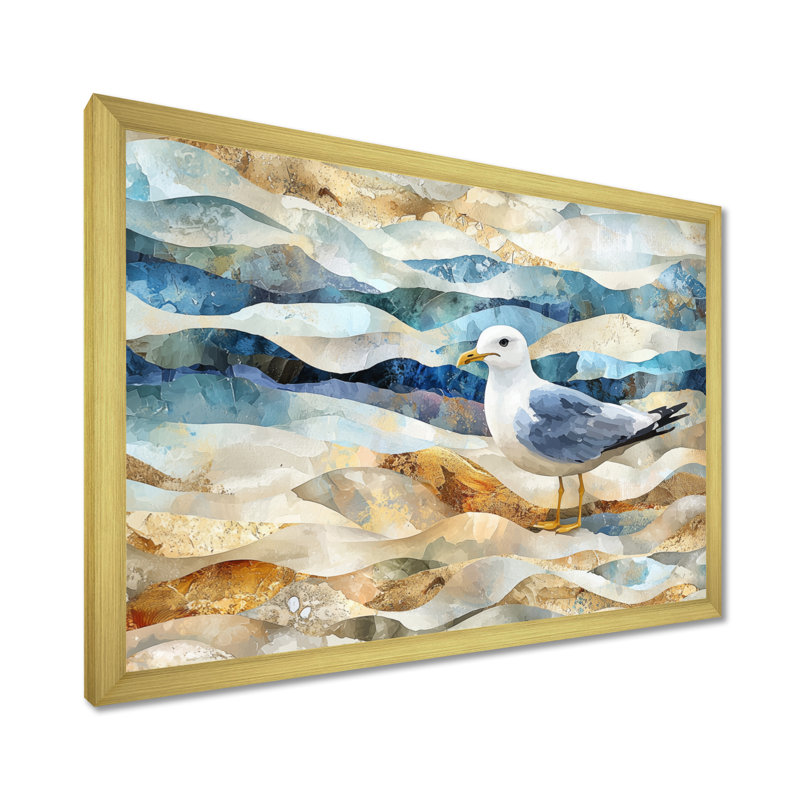 Hargis Coastal Seagull The Watchful Gull I - Seagull Wall Art Decor, 34" H x 44" W, Single Picture Framed Print, Gold