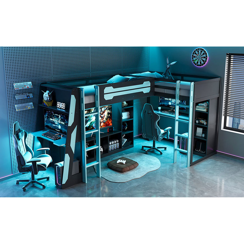 Base de lit en forme de L Space pour les jeux, avec éclairage à DEL, charge, meuble télé et tablettes - Bleu, grands adolescents et adultes, jeu simple avec tablettes de rangement, disposition réversible