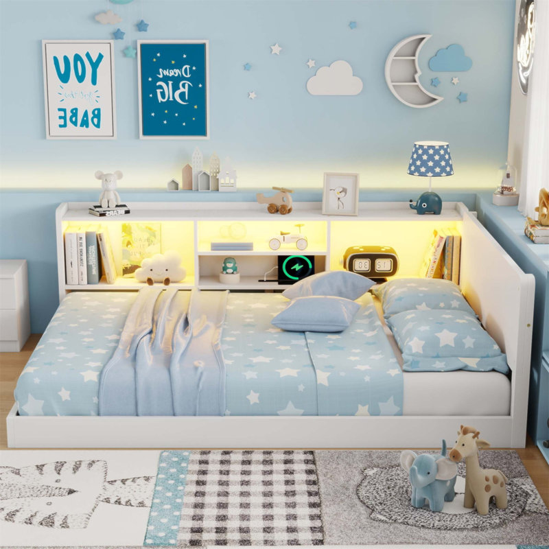 Base de lit en forme de L pour enfants, lit d'angle avec compartiments de rangement latéraux Montessori, station de charge intégrée et éclairage (sans matelas)