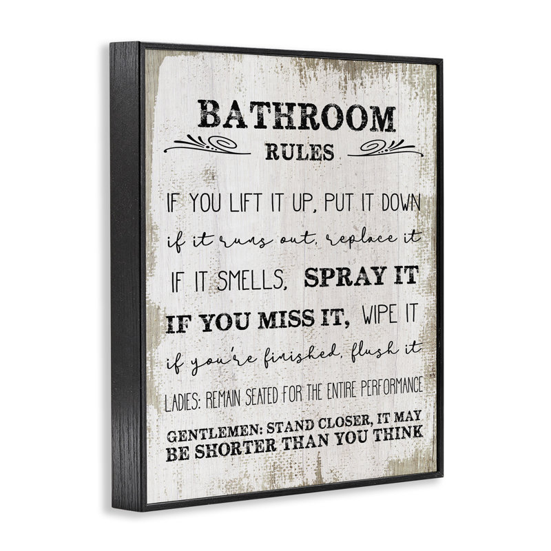 'Bathroom Rules Funny Word Wood Textured Design' Graphic Art on Canvas, 20" H x 16" W, Black Framed