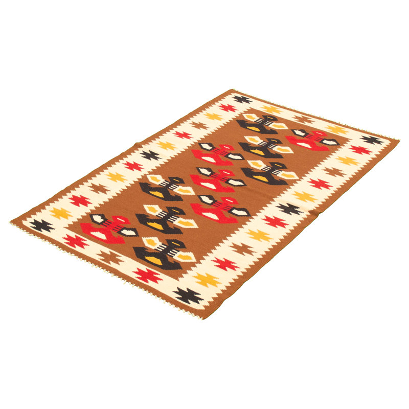 Tapis décoratif en laine de conception unique 3 pi 8 po x 6 pi Chafã noué à la main 1980s brun/rouge/beige