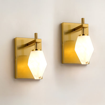 Aguero 5" 1-Light Antique Brass Vanity Light, Faux Diamond Cut Cloud Glass (set of 2)