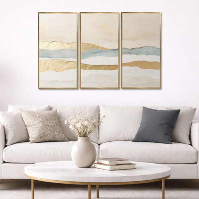 Stripe Wall Art, Metallic Glam Canvas - Pink Stipes Modern Soft Colours 3 Piece Framed Canvas Wall Art Set Abstract Glam Decor