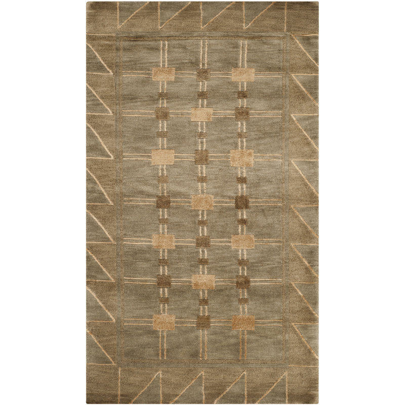 Gray Geometric Hand-Knotted Wool Rectangular Rug 4' x 6'