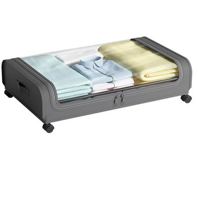 Under Bed Storage with Wheels, Rolling Under Bed Organizer Drawer with Clear Lid & Handles, Arc-Shaped Oxford Fabric Storage Containers for Clothes, Shoes, Toys – Heavy-Duty Metal Frame, 66LBS Capacity