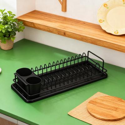 Space Saving Dish Drying Rack With Utensil Holder And Drip Tray, Compact Countertop Drainer For Small Kitchens, Holds Up To 12 Plates, Rustproof Metal Construction