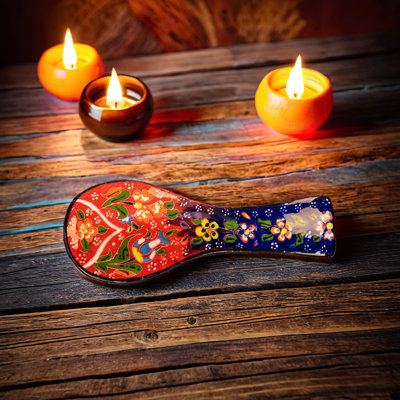 Handmade Turkish Ceramic Spoon Rest For Kitchen Counter - Colourful Iznik Style Ladle Holder - Decorative Utensil Rest Tray