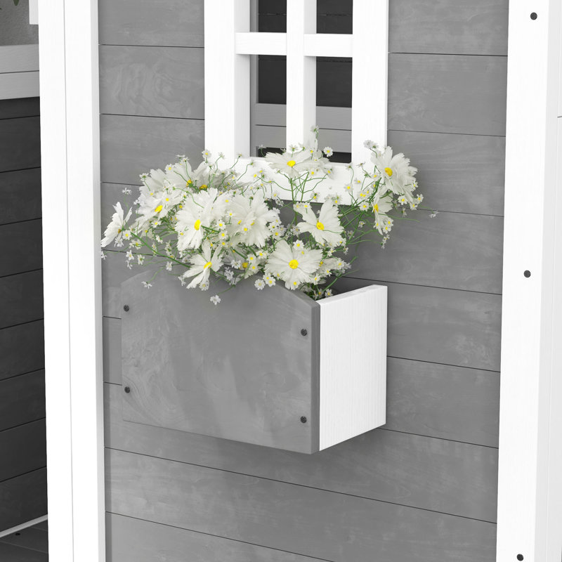 Outsunny Playhouse for Kids, Outdoor Wooden Playhouse with Floor, Door, Windows & Planter Box for 3-8 Year Olds, Backyard, Lawn, Garden, Gray