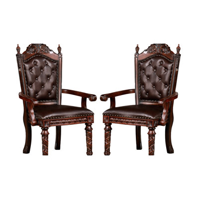 Traditional Arm Chairs Of 2, Dark Brown Upholstery, Solid Wood Frame, Nailhead Trimmed Twisted Rope Carvings, Formal Dining