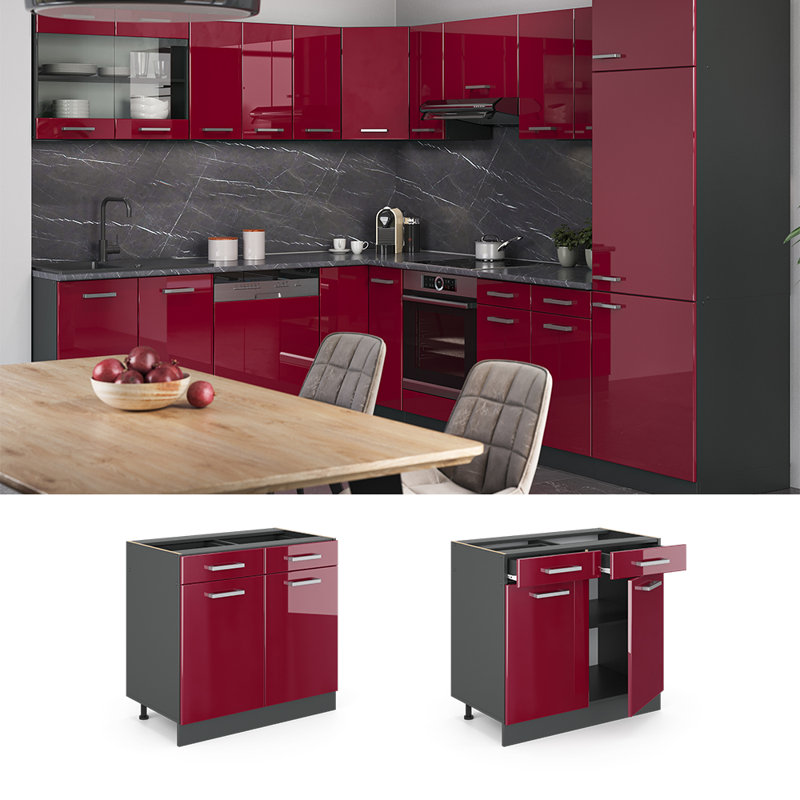 82Cm H x 80Cm W x 46Cm D Oak Base Unit Cabinet, Bordeaux/Grey