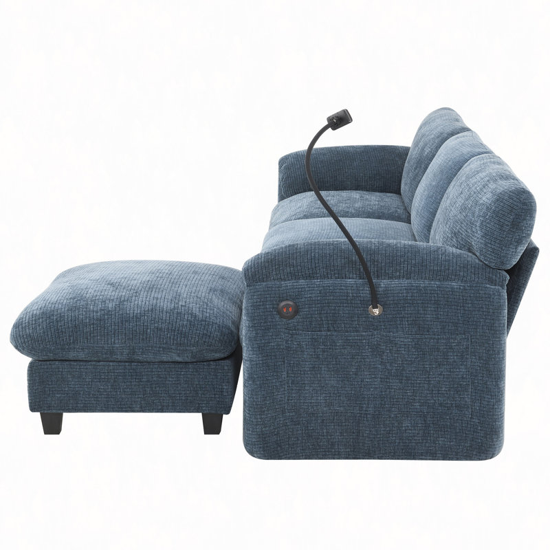 Canapé modulaire de 108 po en forme de L avec coussin de siège extra large de 31,5 po, chargeur USB et de type C, support de téléphone et 2 poches de rangement latérales, repose-pieds à mouvement libre, chenille rayée