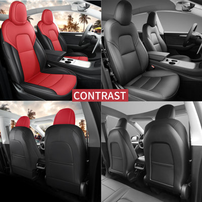 Red Rain Car Seat Covers Car Accessories 5 Seat Premium Nappa Leather Black Red Full Set Car Seat Covers for 2017-2023 Tesla Model 3 (Not Fit Performance )