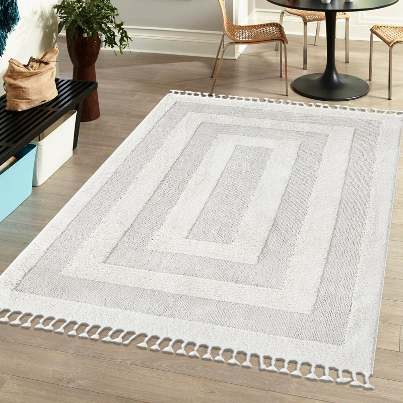 Tapis ivoire en polyester tissé à la machine Reike, Rectangle 10 pi x 14 pi 1 po