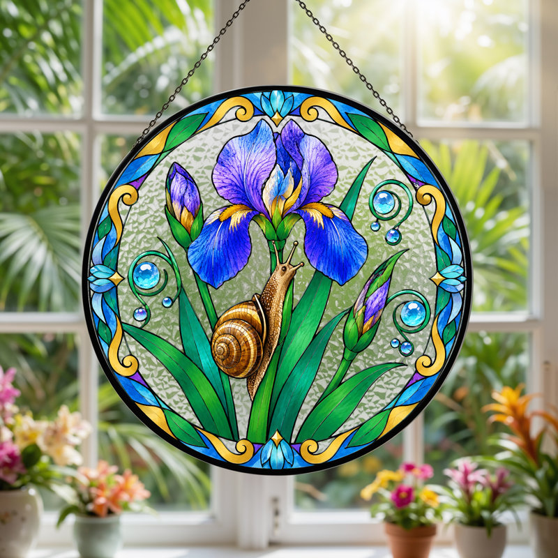 «Brown Snail on Blue Iris in St donned Glass», art mural sur toile, H 12 po