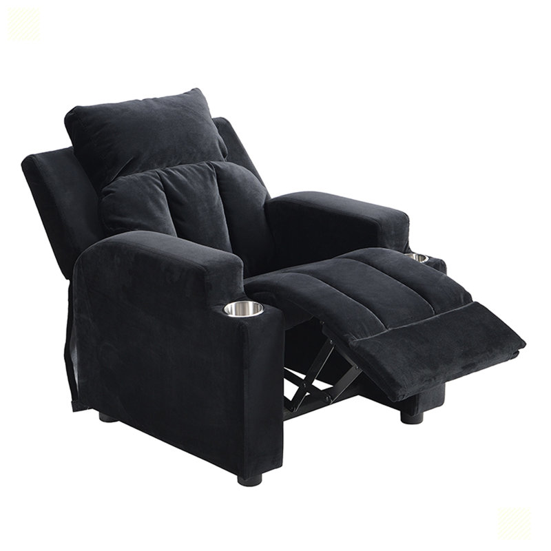 Kids Recliner Chair Upholstered Couch with One Cup Holder, Black Velvet